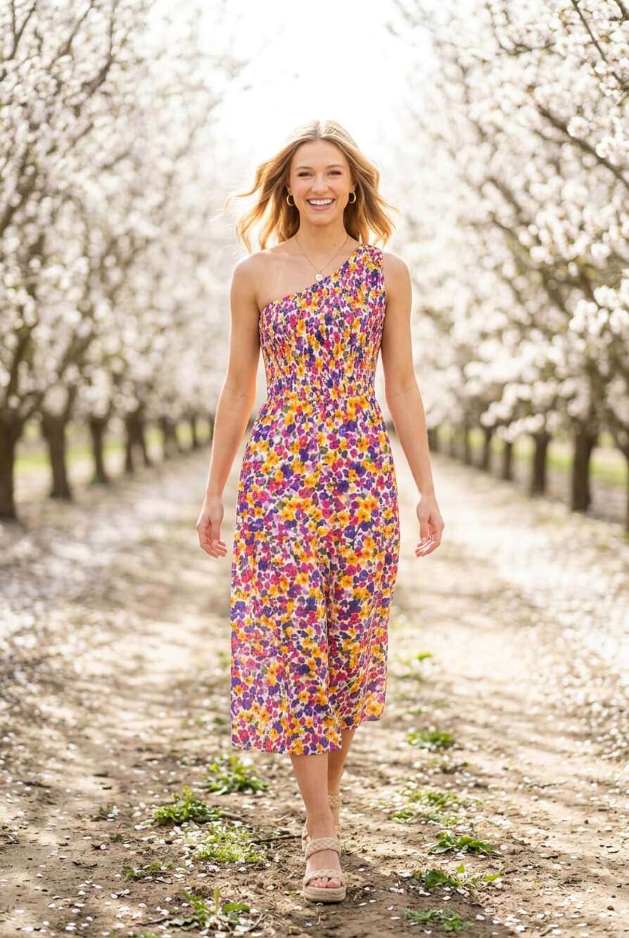 BTFBM Floral One Shoulder Smocked Maxi Dress Multicolor Size S